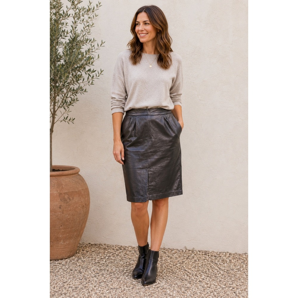 Avenue Black Leather Pencil Skirt 10 Vintage Y2K Office Quiet Luxury Midi